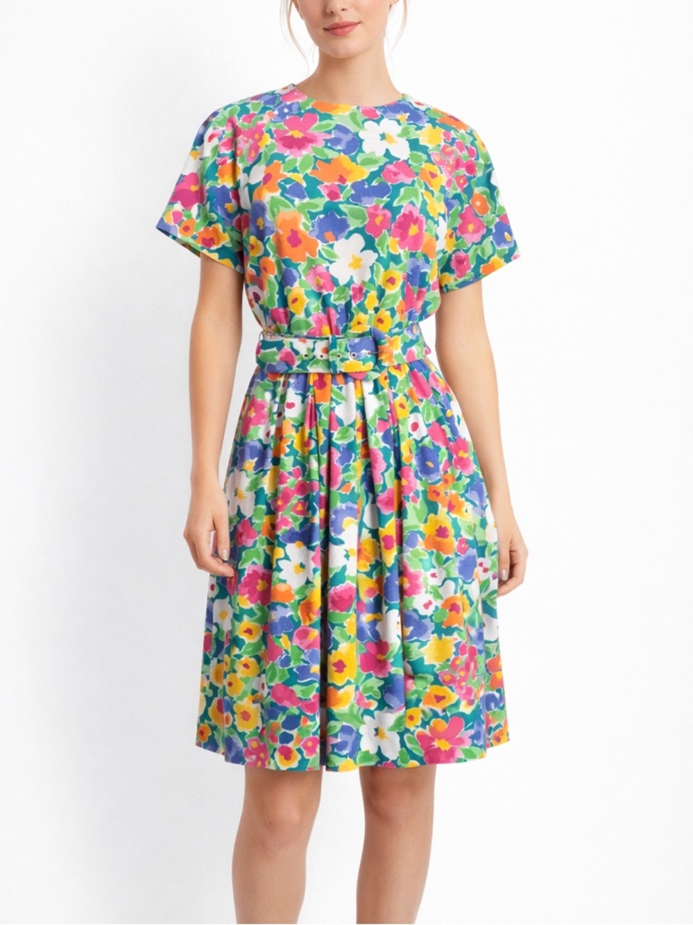 Vintage Floral Belted Romper Short Sleeve Jessica Howard Green Pink Size Large